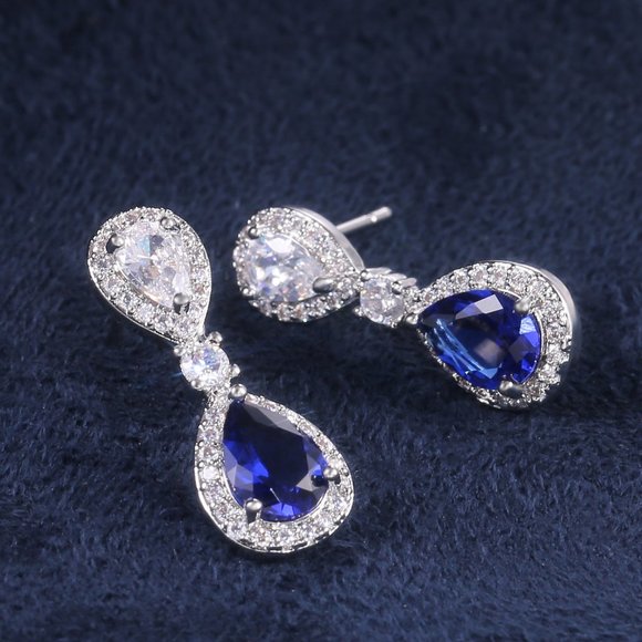 💝Noble Water Drop Royal Blue And White Pear Zircon Stud Earrings, UNVN12417 - Picture 1 of 7